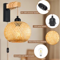 Zecoxol Rattan Plug In Wall Sconces Wicker Wall Lamp With Plug In Cord Hand Woven Rattan Wall Light Farmhouse Rustic Wall Lamp B