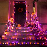 Orange And Purple Halloween Lights Outdoor 200 Led String Lights Indoor 8 Modes 66Ft Extendable Twinkle Fairy Lights Plug In