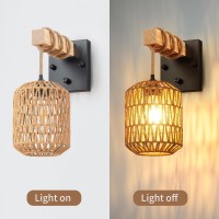 Zecoxol Rattan Wall Sconce Farmhouse Boho Wall Lamp With Plug In Cord Bamboo Woven Plug In Wall Sconces Dimmable Black Plug In W