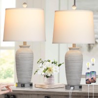 Cinsary 25 Farmhouse Jar Table Lamps Set Of 2 3 Way Touch Control Rustic Bedside Lamps With Usb Ac Ports Ac Outlet Pot Ni