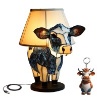 Wupkl Cow Lamp, Stained Glass Cow Lamp, Highland Cow Lamp, Animal Table Lamp Cow Decor, Bedside Lamp With Usb A+C Ports, Lighted Cow Desk Lamp For Living Room With Keychain (Cow 5In)