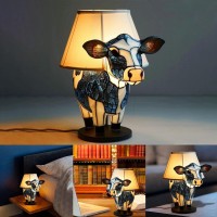 Wupkl Cow Lamp, Stained Glass Cow Lamp, Highland Cow Lamp, Animal Table Lamp Cow Decor, Bedside Lamp With Usb A+C Ports, Lighted Cow Desk Lamp For Living Room With Keychain (Cow 5In)