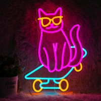 Skateboard Cat Neon Sign Cute Glasses Cat Led Neon Light Dimmable Animal Light Up Sign For Bedroom Decor Pet Shop Art Wall Decor