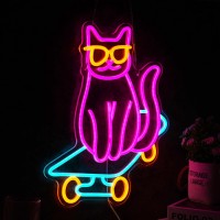 Skateboard Cat Neon Sign Cute Glasses Cat Led Neon Light Dimmable Animal Light Up Sign For Bedroom Decor Pet Shop Art Wall Decor