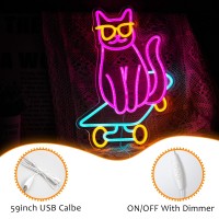 Skateboard Cat Neon Sign Cute Glasses Cat Led Neon Light Dimmable Animal Light Up Sign For Bedroom Decor Pet Shop Art Wall Decor