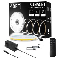 Bunacet Cob Led Strip Light 40Ft12M 1 Roll Cool White 6500K High Lumen Cri 90 With Ul Listed Power Adapter Rf Remote For Bed