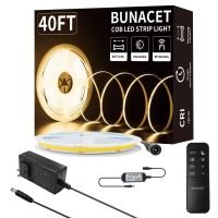 Bunacet Cob Led Strip Light 40Ft12M 1 Roll Warm White 3000K High Lumen Cri 90 With Ul Listed Power Adapter Rf Remote For Bed