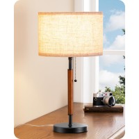 Edishine Mid Century Table Lamp Pull Chain Switch Bedside Lamp With Linen Shade Solid Wood Pole Black Metal Base Modern Nig