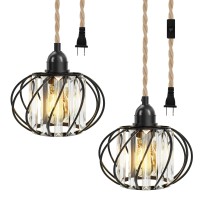 2 Pack Crystal Plug In Pendant Light Hanging Lights With Plug In Cord 164Ft Hemp Rope Farmhouse Plug In Pendant Light With Swit