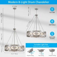 Xingqi Large Drum Chandelier 323 Modern Brushed Nickel 8Light Round Chandeliers For Dining Room Living Room Office Kitchen I