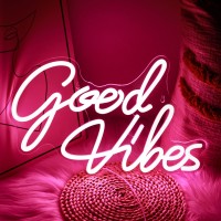 Gevbay Good Vibes Neon Sign For Wall Decor Led Light Up Sign For Backdrop Bedroom Party Reusable Hanging Or Table Decoration Usb