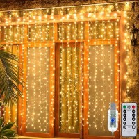 Ollny 2 Pack Curtain String Lights Warm White 400Led 66X66Ft Fairy Lights With Remote 8 Modes Hanging Lights Outdoor Waterpr