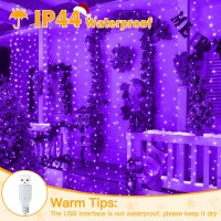 Ollny Purple Fairy Lights Curtain 200 Led 66X66Ft Usb Power Halloween Window Lights Ip44 Waterproof Hanging Wall Lights With