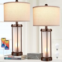 Set Of 2 Farmhouse Lamps For Living Room Rustic Vintage Bedroom Nightstand Table Lamp With 2 Usb Charging Ports Builtin Frost