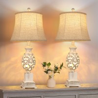 Partphoner Table Lamps Set Of 2 28 Tall Bedside Lamp With Nightlight Rustic Farmhouse Nightstand Lamps With Linen Shades For