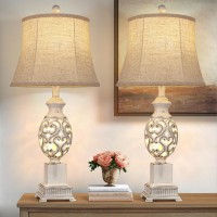 Partphoner Table Lamps Set Of 2 28 Tall Bedside Lamp With Nightlight Rustic Farmhouse Nightstand Lamps With Linen Shades For