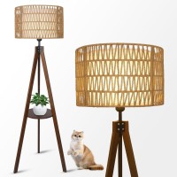 Lamsu Boho Tripod Floor Lamp With Shelves Mid Century Wood Standing Lamp With Rattan Fabric Shades Onoff Foot Switch Moder