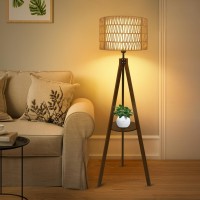 Lamsu Boho Tripod Floor Lamp With Shelves Mid Century Wood Standing Lamp With Rattan Fabric Shades Onoff Foot Switch Moder