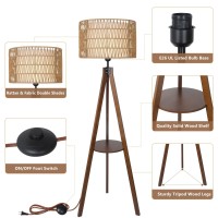 Lamsu Boho Tripod Floor Lamp With Shelves Mid Century Wood Standing Lamp With Rattan Fabric Shades Onoff Foot Switch Moder