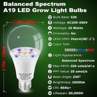 Grow Light Bulbs For Indoor Plants Full Spectrum E26 A19 Grow Led Lamp Bulb 10W With Balanced Spectrum 5000K Red Blue For Seeds