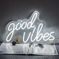 Mokispy Good Vibes Neon Light Sign For Wall Decor Powered By Usb For Bedroom White Goodvibes Led Neon Lights Sign For Room Wall