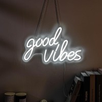 Mokispy Good Vibes Neon Light Sign For Wall Decor Powered By Usb For Bedroom White Goodvibes Led Neon Lights Sign For Room Wall