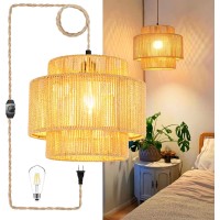 Qiyizm Plug In Pendant Light Hanging Lights With Plug In Cord Hanging Lamp Boho Rattan Dimmable Wicker Bamboo Woven Lamp Shade H