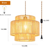 Qiyizm Plug In Pendant Light Hanging Lights With Plug In Cord Hanging Lamp Boho Rattan Dimmable Wicker Bamboo Woven Lamp Shade H