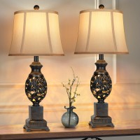 Partphoner Table Lamps Set Of 2 28 Tall Bedside Lamp With Nightlight Vintage Bronze Nightstand Lamps With Faux Silk Shades F