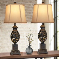 Partphoner Table Lamps Set Of 2 28 Tall Bedside Lamp With Nightlight Vintage Bronze Nightstand Lamps With Faux Silk Shades F