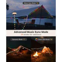 Camping String Lights Outdoor With Music Sync Quick Storage Led String Lights With 7 Rgb Color 12 Mode Tent Lights Portable