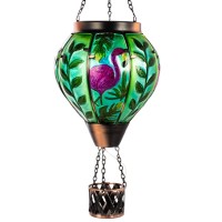 Vewolight Flamingo Hot Air Balloon Solar Lantern With Candle Holder Hanging Solar Lantern With Flickering Flame Glass Solar La