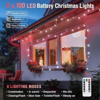 Jmexsuss 2 Pack Red And White Battery String Lights Each 33Ft 100 Led Battery Powered Christmas Lights With Remote For Outside