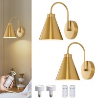 Powfloven Vintage Cordless Gooseneck Battery Operated Wall Sconces Set Of 2 Gold Bedside Battery Powered Wall Decor Lamps With