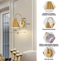 Powfloven Vintage Cordless Gooseneck Battery Operated Wall Sconces Set Of 2 Gold Bedside Battery Powered Wall Decor Lamps With