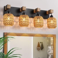 4 Light Bathroom Vanity Light Fixtures Rustic Style Wood Bathroom Wall Sconce With Boho Wicker Lampshade Suitable For Bedroom