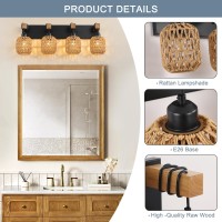 4 Light Bathroom Vanity Light Fixtures Rustic Style Wood Bathroom Wall Sconce With Boho Wicker Lampshade Suitable For Bedroom