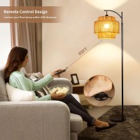 Qiyizm Floor Lamp For Living Room Bedroom Boho Rattan Arc Standing Lamp With Remote Dimmable Black Farmhouse Wicker Bamboo Lamp