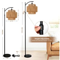 Qiyizm Floor Lamp For Living Room Bedroom Boho Rattan Arc Standing Lamp With Remote Dimmable Black Farmhouse Wicker Bamboo Lamp