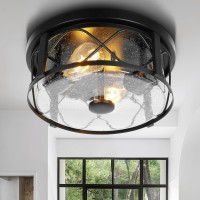 Rustic Close To Ceiling Light Fixtures Farmhouse Flush Mount Ceiling Lighting Metal Cage Lighting With Seeded Glass Black Cage