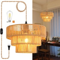 Zecoxol Rattan Plug In Pendant Light 3Tier Boho Wicker Lampshade Indoor Hanging Lamp Woven Hanging Lights With Plug In Cord Rus