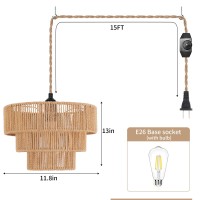 Zecoxol Rattan Plug In Pendant Light 3Tier Boho Wicker Lampshade Indoor Hanging Lamp Woven Hanging Lights With Plug In Cord Rus