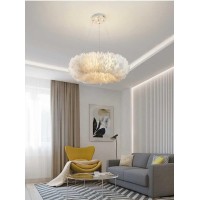 Modern Ring Three-Color Light Changing Feather Chandelier With Spotlight,Creative Donut White Feather Shape Pendant Light Suitable For Baby Bedroom Living Room Aisle Hotel (Color : 27In)