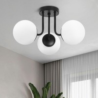 Bektas 3Lights Semi Flush Mount Ceiling Light Fixture Matte Black Light Fixture Bend Modeling With Milk Glass Globe For Bedroom