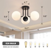 Bektas 3Lights Semi Flush Mount Ceiling Light Fixture Matte Black Light Fixture Bend Modeling With Milk Glass Globe For Bedroom