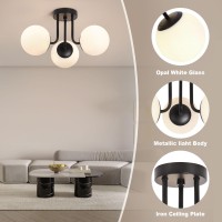 Bektas 3Lights Semi Flush Mount Ceiling Light Fixture Matte Black Light Fixture Bend Modeling With Milk Glass Globe For Bedroom