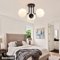 Bektas 3Lights Semi Flush Mount Ceiling Light Fixture Matte Black Light Fixture Bend Modeling With Milk Glass Globe For Bedroom