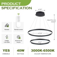 Benkut 2Rings Modern Led Chandelier Black For Dining Room Circular Flush Mount Ceiling Chandelier Light Dimmable Pendant Light