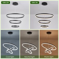 Benkut 3Rings D236 Modern Led Chandelier Black Dimmable Pendant Lighting With Remote Control Circular Flush Mount High Ceiling