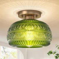 Oykyohei Semi Flush Mount Ceiling Light Upgraded Modern Close To Ceiling Light Fixture With Green Glass Gold Indoor Kitchen Lig